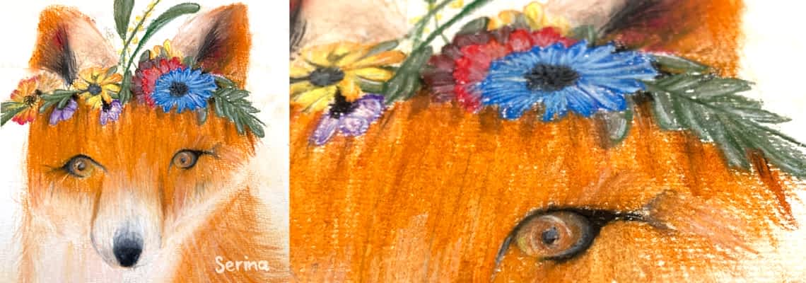 fox pastel drawing by Serina, Engaged in Art, Engaged in Art classes for kids, art classes for kids Alex Hills, Lesley Smitheringale